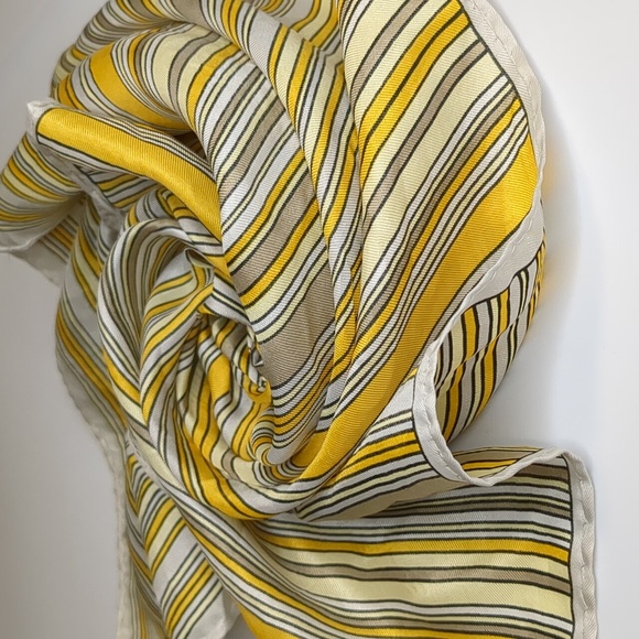 Vintage 60s Silk Glentex Mod Scarf Striped Gold Yellow Taupe White 22" Square - Picture 3 of 6